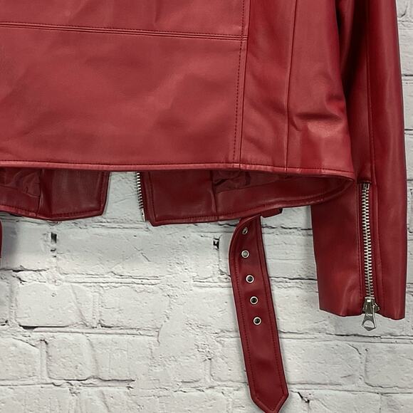 Zara Faux Leather Zip Moto Jacket Women's M Burgandy Belted Bikercore Pockets - Picture 8 of 9